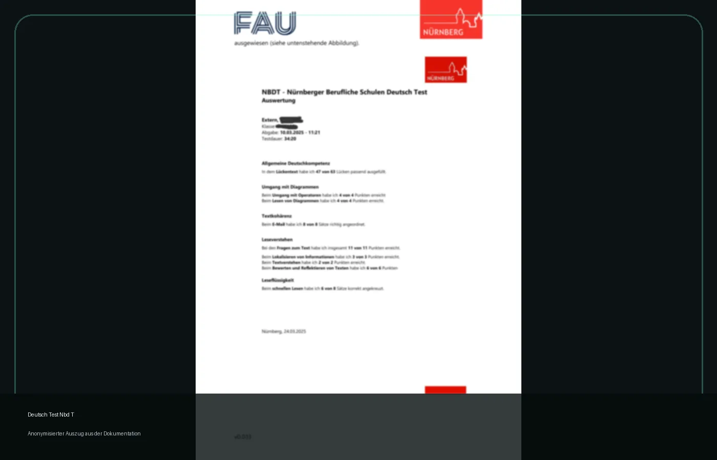 Anonymisierter Screenshot der Deutsch-Test-Dokumentation